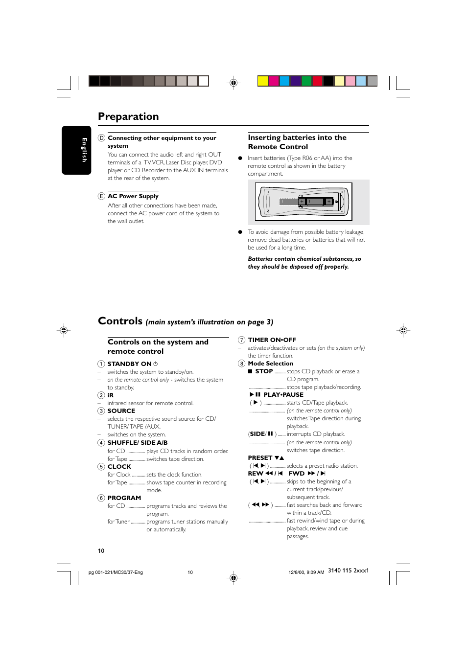 Preparation controls, Main system’s illustration on page 3) d, Inserting batteries into the remote control | Controls on the system and remote control 1 | Philips MC303799 User Manual | Page 10 / 21