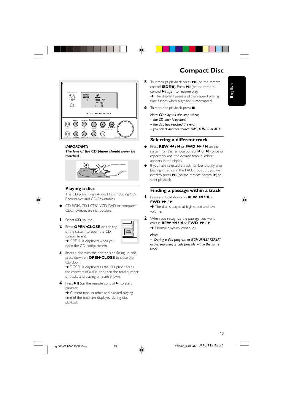 Compact disc, Playing a disc, Selecting a different track | Finding a passage within a track 1 | Philips MC303799 User Manual | Page 13 / 21