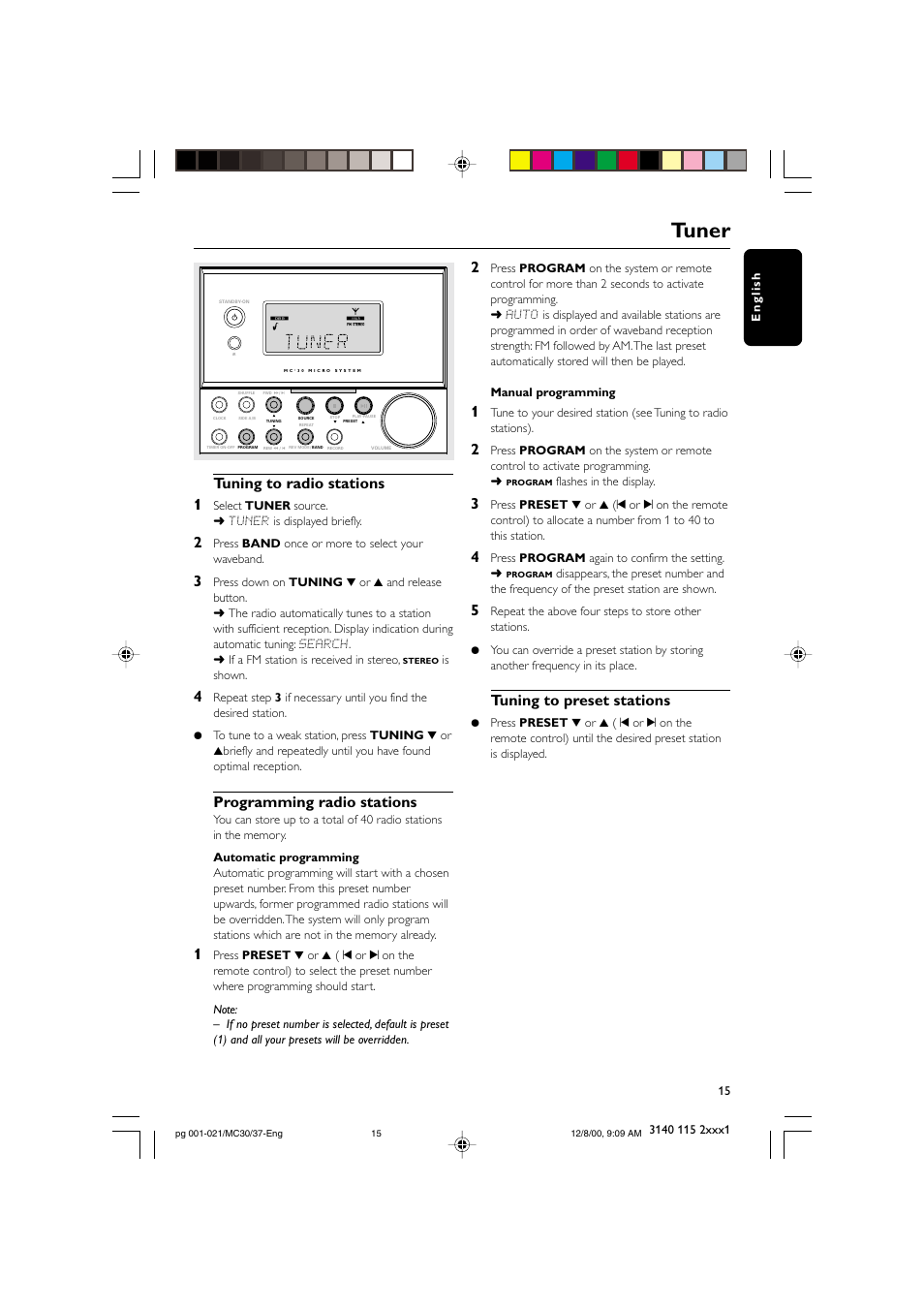 Tuner, Tuning to radio stations 1, Programming radio stations | Tuning to preset stations | Philips MC303799 User Manual | Page 15 / 21