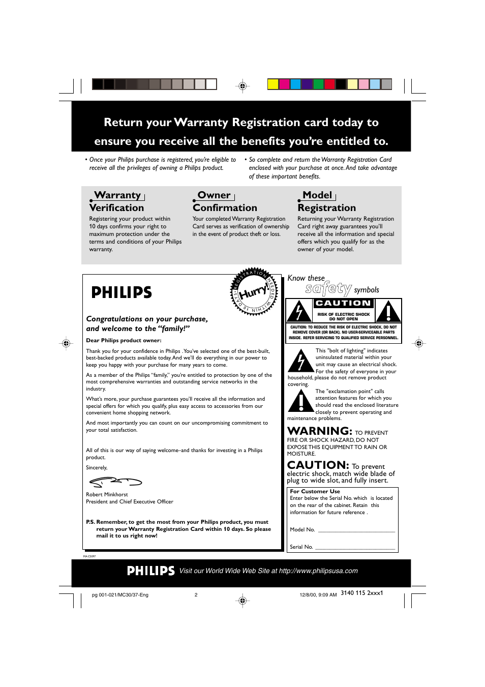 Safety, Hur ry, Caution | Warning, Warranty verification, Owner confirmation, Model registration, Know these, Symbols | Philips MC303799 User Manual | Page 2 / 21