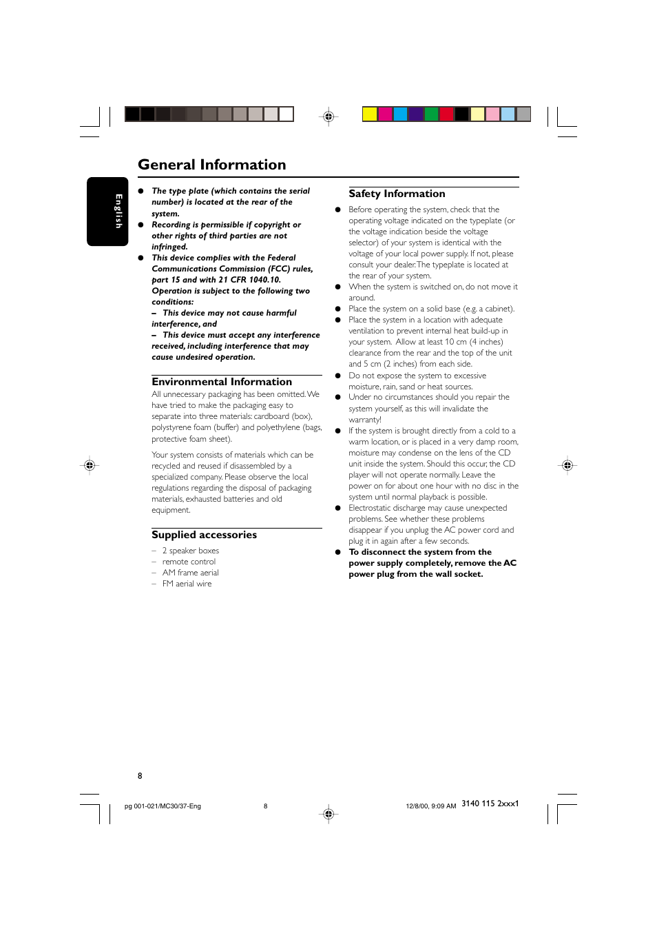 General information, Environmental information, Supplied accessories | Safety information | Philips MC303799 User Manual | Page 8 / 21