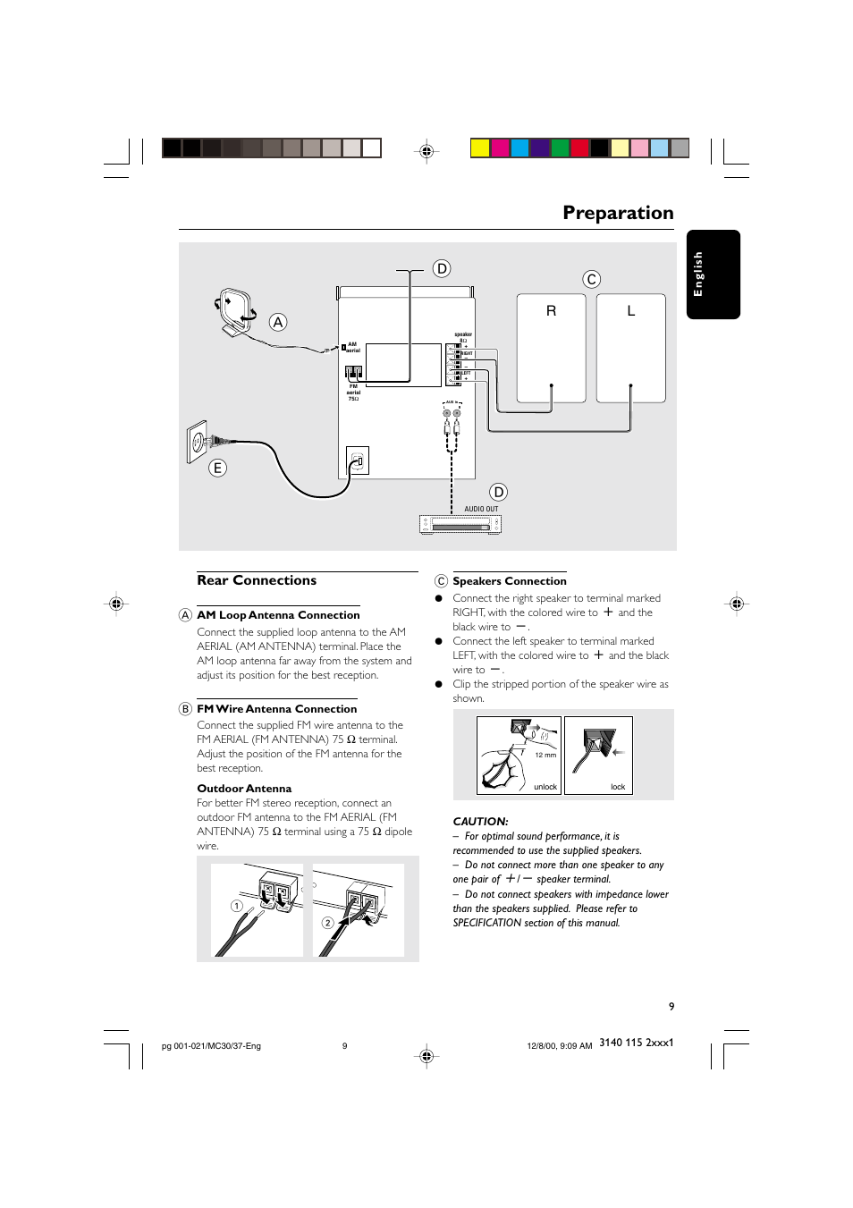 Preparation, Ca e d, Rear connections a | Philips MC303799 User Manual | Page 9 / 21