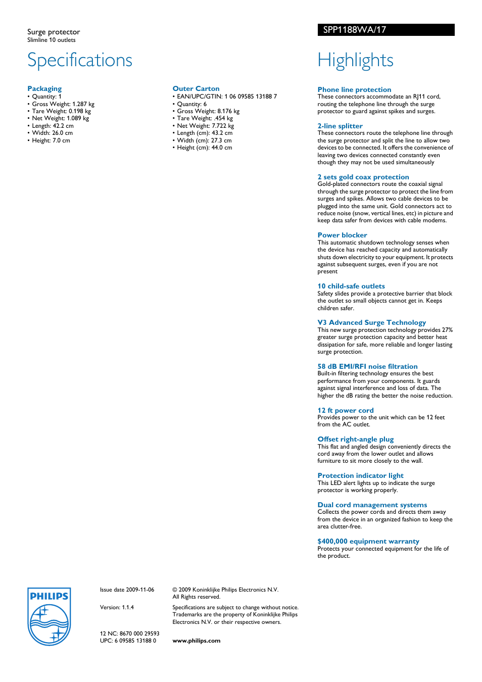 Specifications, Highlights | Philips SPP1188WA-17 User Manual | Page 2 / 2