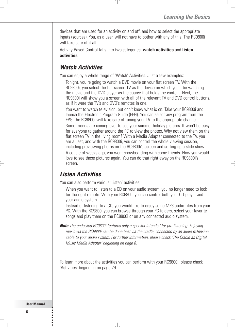 Watch activities, Listen activities, Learning the basics | Philips Multimedia Control Panel User Manual | Page 13 / 62