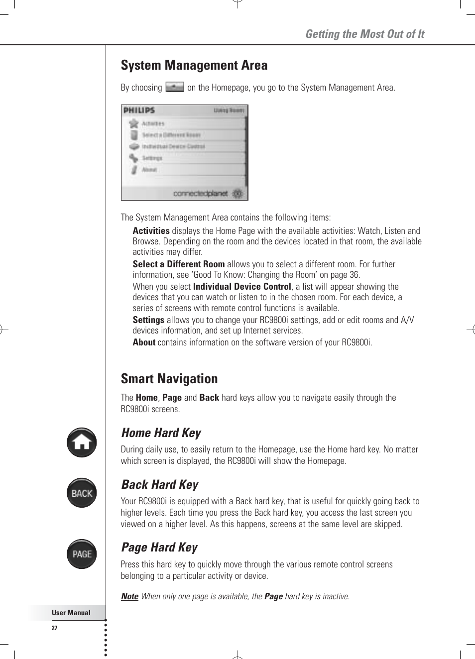 System management area, Smart navigation, Home hard key | Back hard key, Page hard key, Getting the most out of it | Philips Multimedia Control Panel User Manual | Page 27 / 62