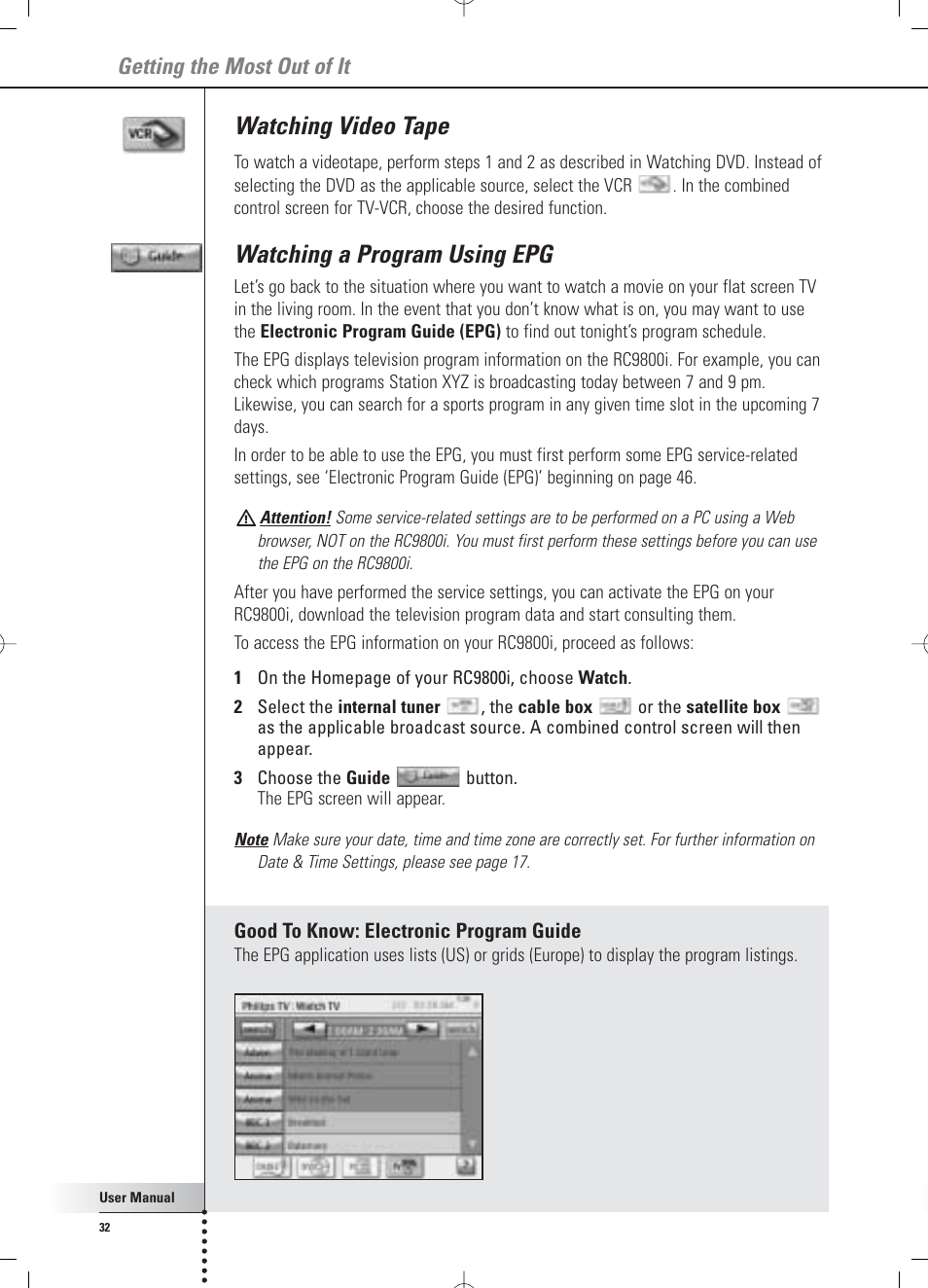 Watching video tape, Watching a program using epg, Getting the most out of it | Philips Multimedia Control Panel User Manual | Page 32 / 62