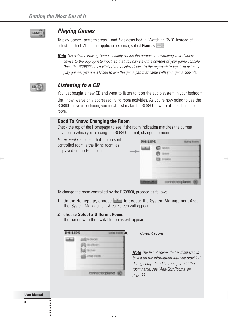 Playing games, Listening to a cd, Getting the most out of it | Philips Multimedia Control Panel User Manual | Page 36 / 62