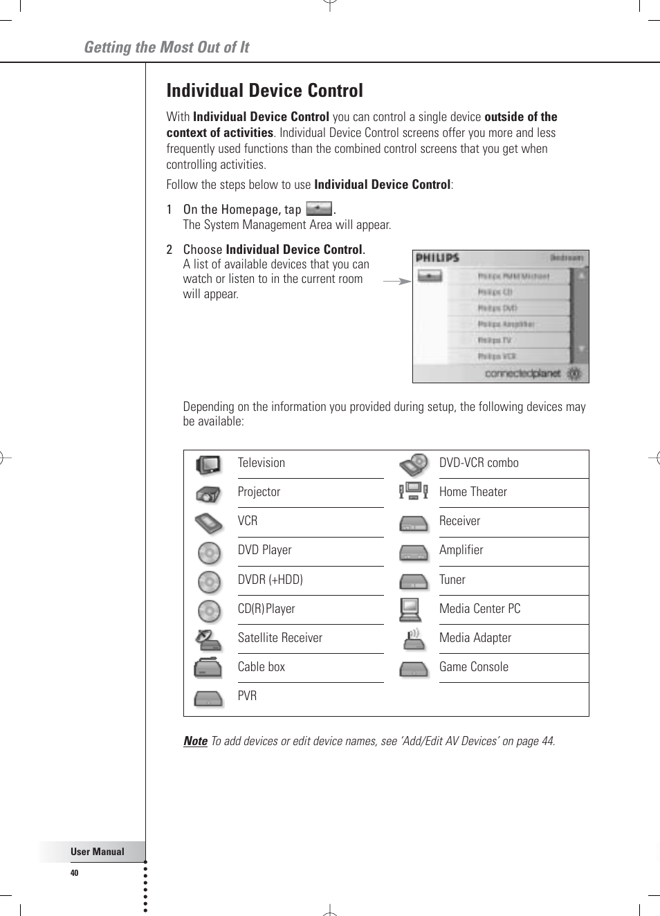 Individual device control, Getting the most out of it | Philips Multimedia Control Panel User Manual | Page 40 / 62