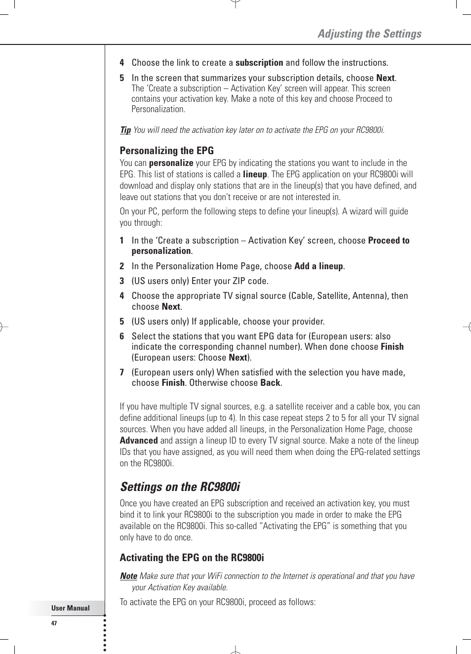 Settings on the rc9800i, Adjusting the settings | Philips Multimedia Control Panel User Manual | Page 47 / 62