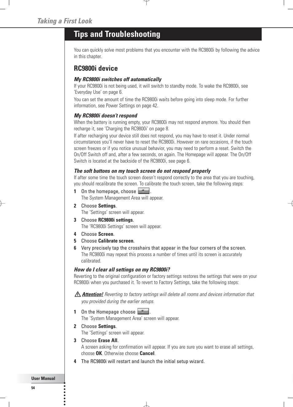 Tips and troubleshooting, Taking a first look, Rc9800i device | Philips Multimedia Control Panel User Manual | Page 54 / 62
