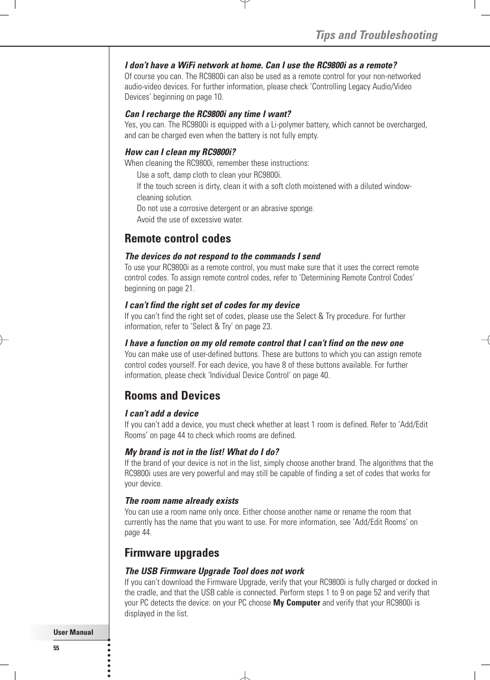 Tips and troubleshooting, Remote control codes, Rooms and devices | Firmware upgrades | Philips Multimedia Control Panel User Manual | Page 55 / 62