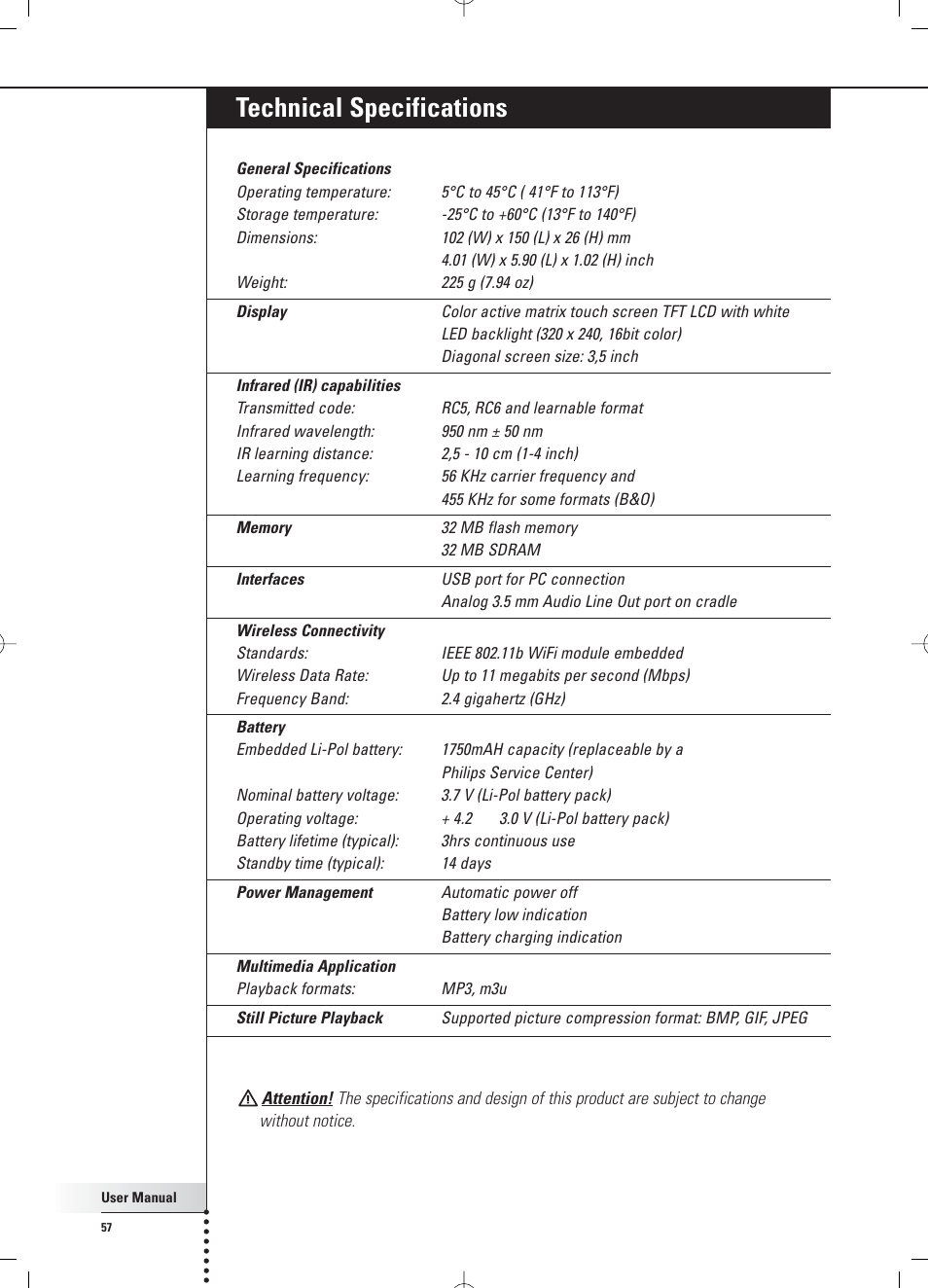 Technical specifications | Philips Multimedia Control Panel User Manual | Page 57 / 62