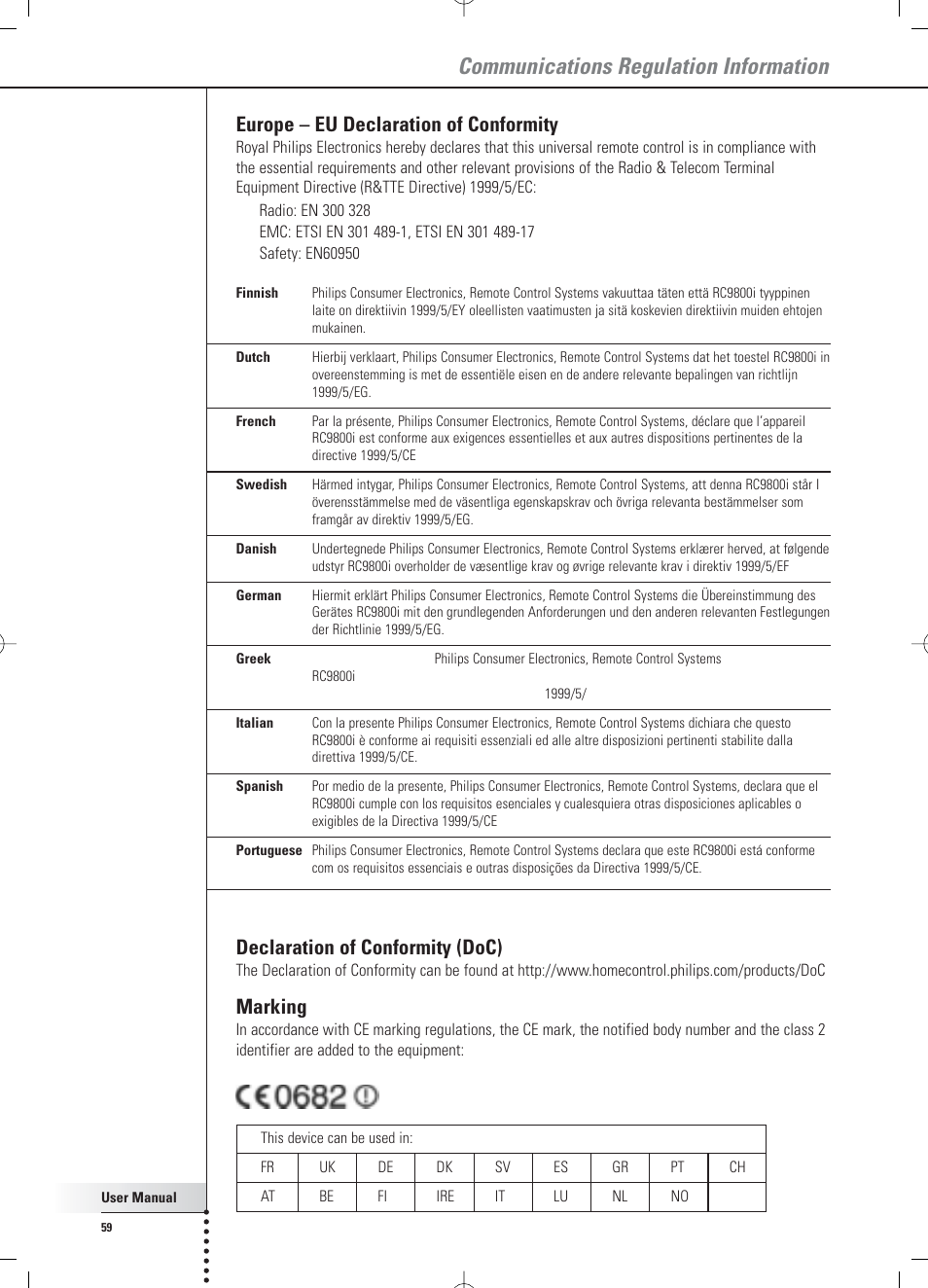 Communications regulation information, Europe – eu declaration of conformity, Declaration of conformity (doc) | Marking | Philips Multimedia Control Panel User Manual | Page 59 / 62