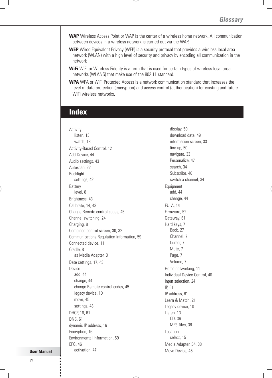 Index, Glossary | Philips Multimedia Control Panel User Manual | Page 61 / 62