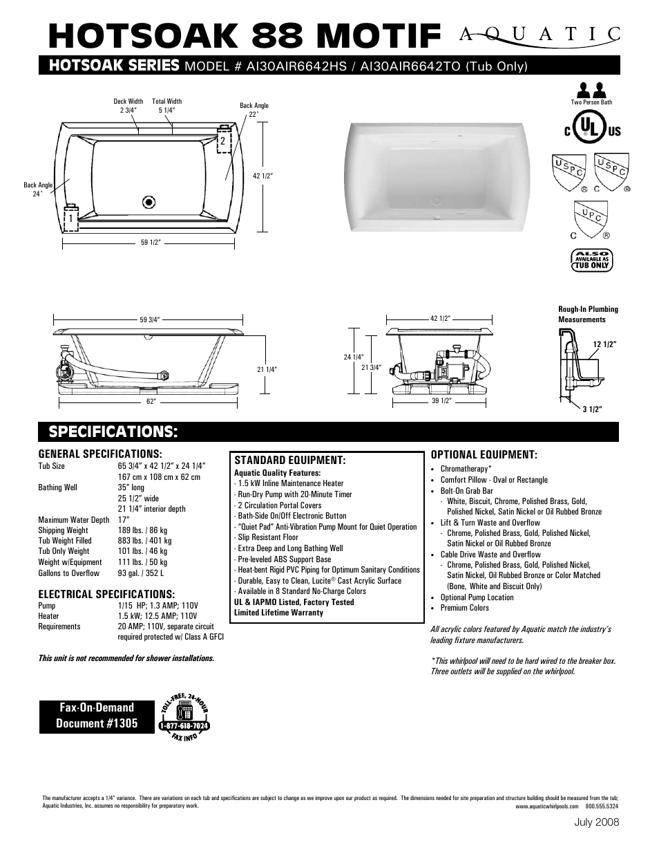Aquatic HOTSOAK 88 MOTIF AI30AIR6642HS User Manual | 1 page