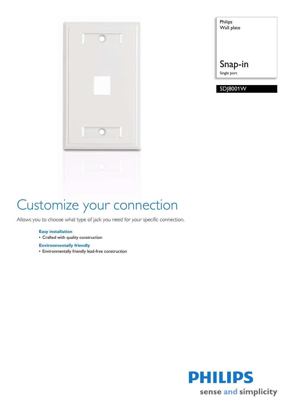 Philips Wall plate SDJ8001W Snap-in Single port User Manual | 2 pages