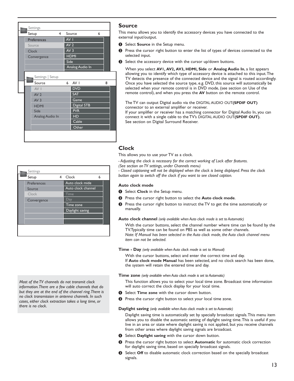 13 source, Clock | Philips 60PL9200D-37B User Manual | Page 21 / 43