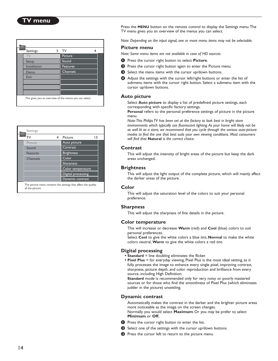 Tv menu, Picture menu, Auto picture | Contrast, Brightness, Color, Sharpness, Color temperature, Digital processing, Dynamic contrast | Philips 60PL9200D-37B User Manual | Page 22 / 43