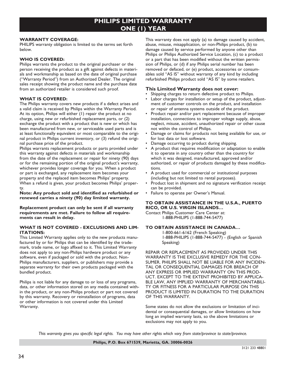 Philips limited warranty one (1) year | Philips 60PL9200D-37B User Manual | Page 42 / 43