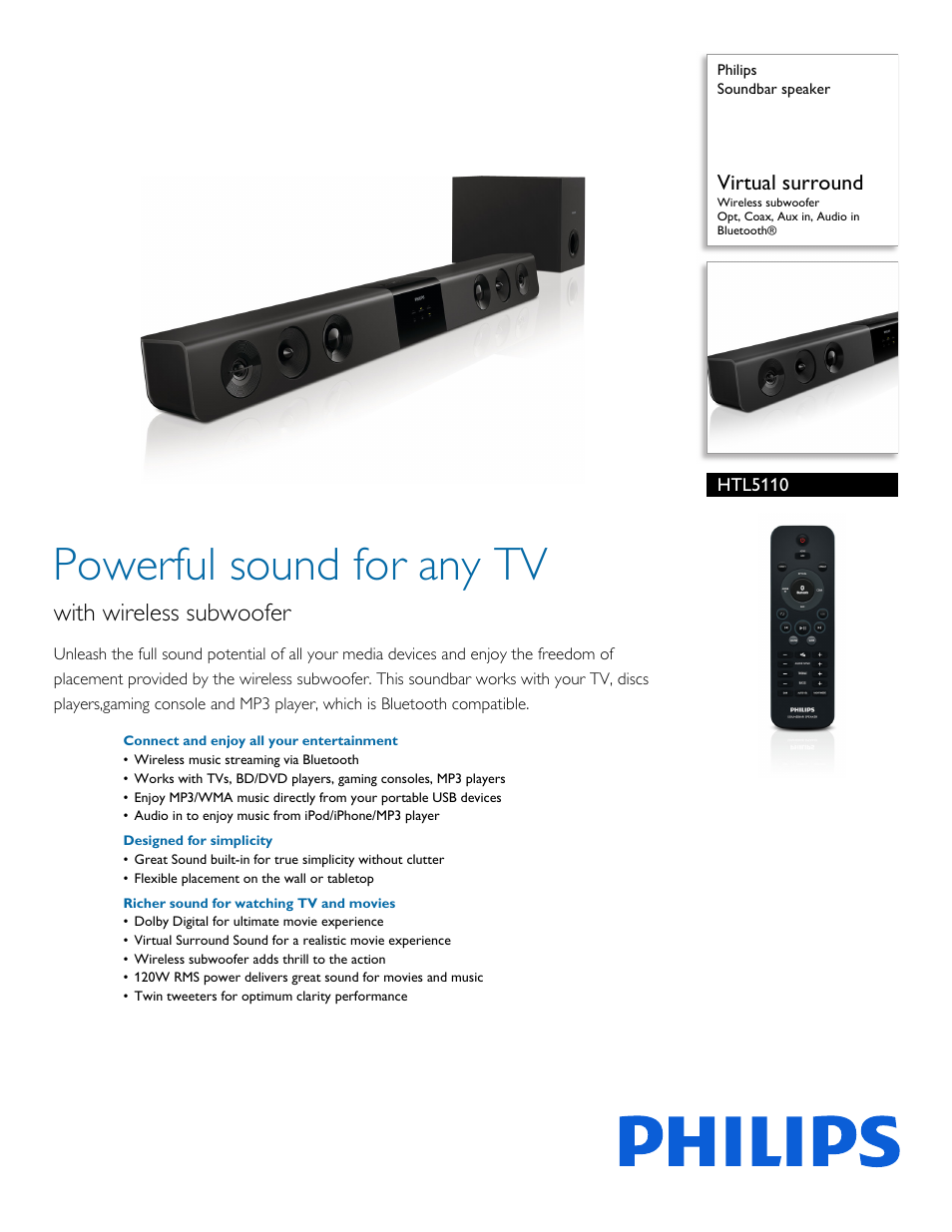 Philips Soundbar speaker HTL5110 Virtual surround Wireless subwoofer Opt Coax Aux in Audio in Bluetooth® User Manual | 3 pages