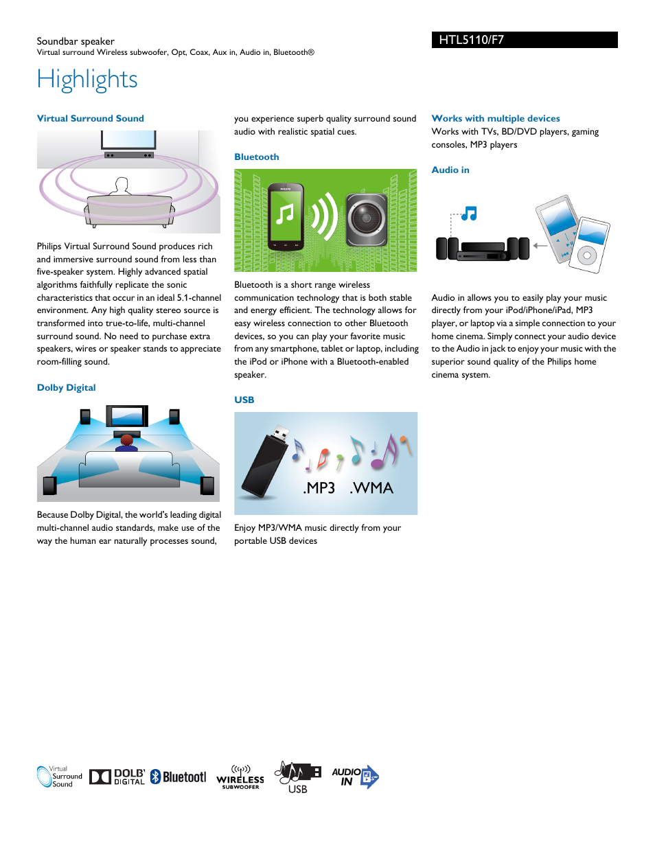 Highlights | Philips Soundbar speaker HTL5110 Virtual surround Wireless subwoofer Opt Coax Aux in Audio in Bluetooth® User Manual | Page 2 / 3