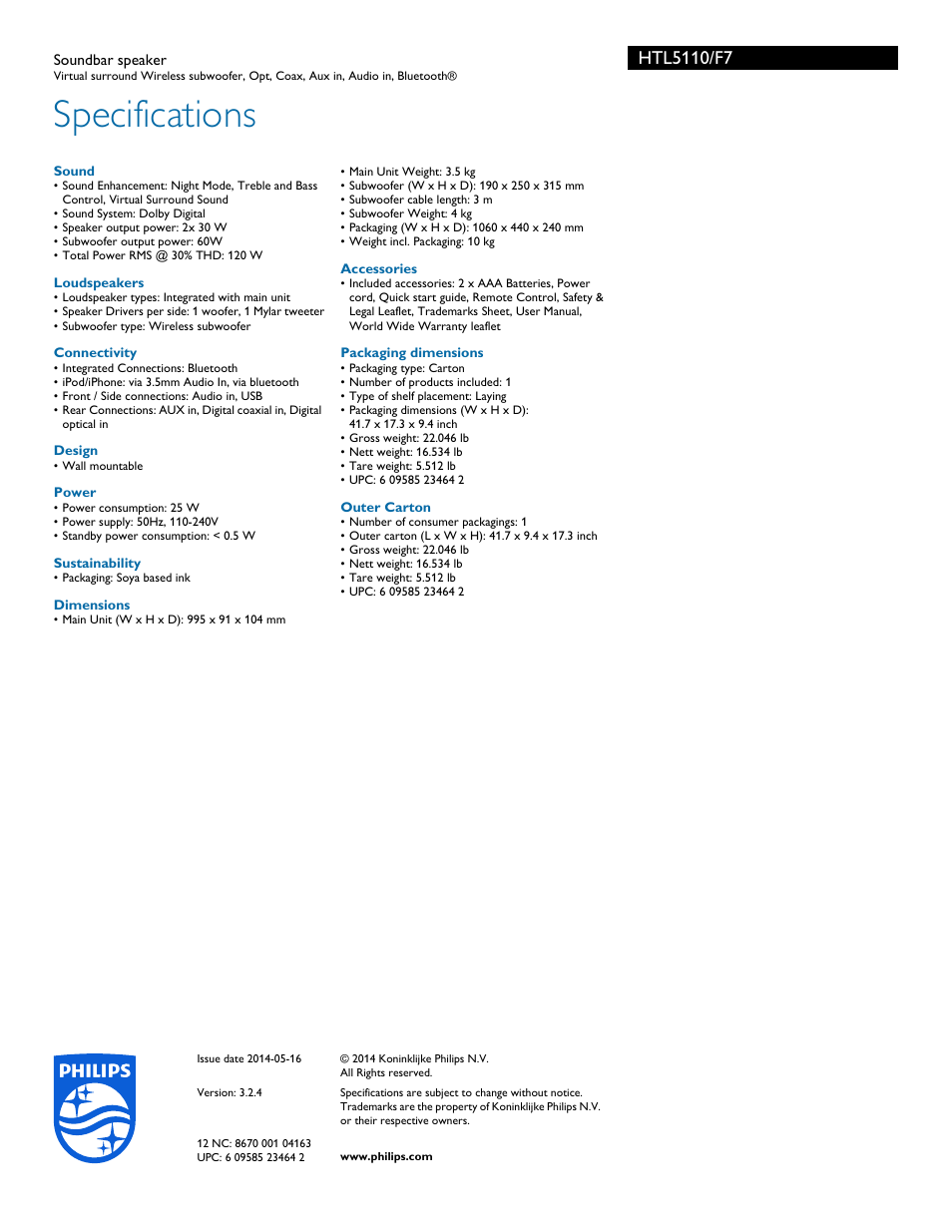 Specifications | Philips Soundbar speaker HTL5110 Virtual surround Wireless subwoofer Opt Coax Aux in Audio in Bluetooth® User Manual | Page 3 / 3