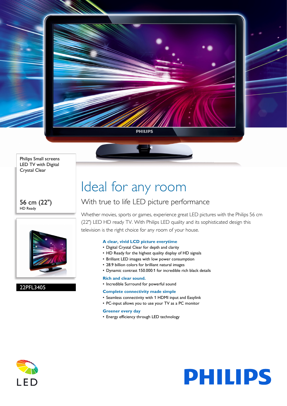 Philips LED TV 22PFL3405 56 cm 22" HD Ready with Digital Crystal Clear User Manual | 3 pages