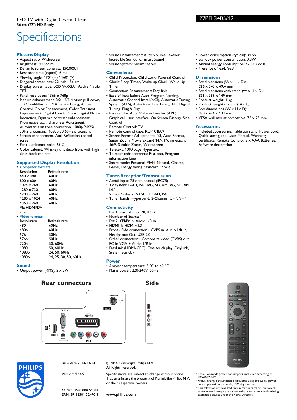 Specifications | Philips LED TV 22PFL3405 56 cm 22" HD Ready with Digital Crystal Clear User Manual | Page 3 / 3