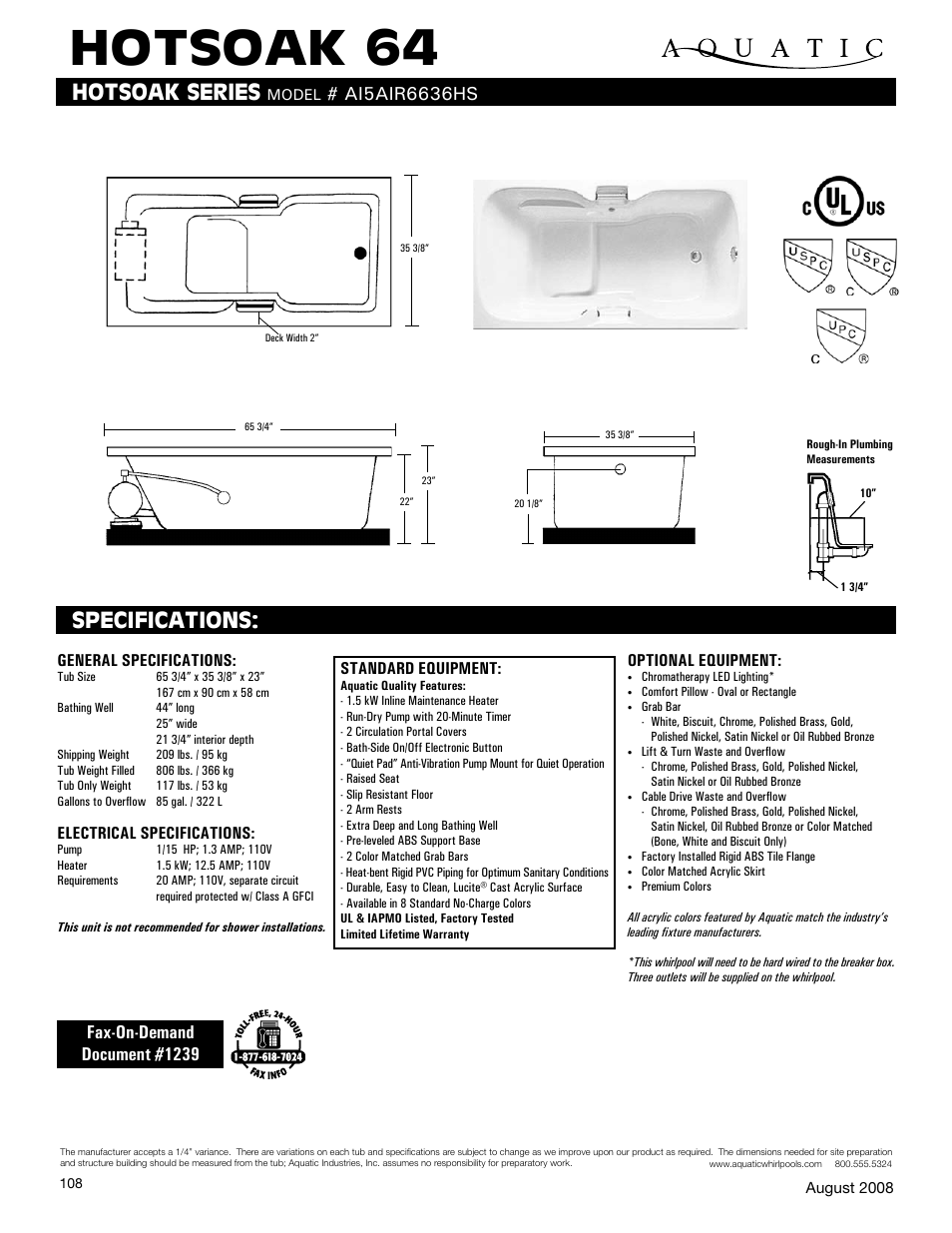 Aquatic HOTSOAK 64 AI5AIR6636HS User Manual | 1 page