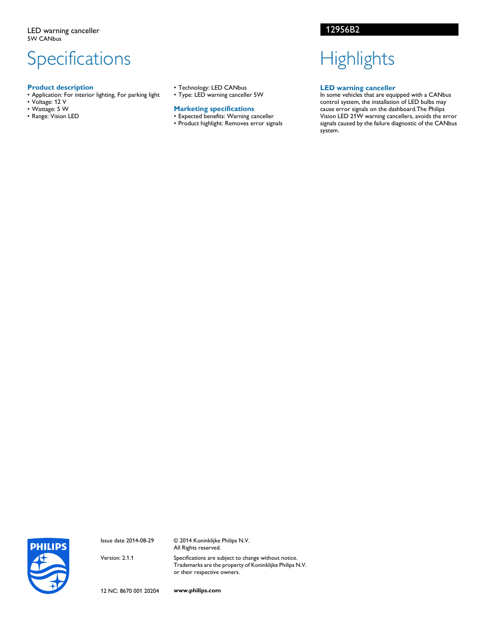 Specifications, Highlights | Philips 12956B2 User Manual | Page 2 / 2