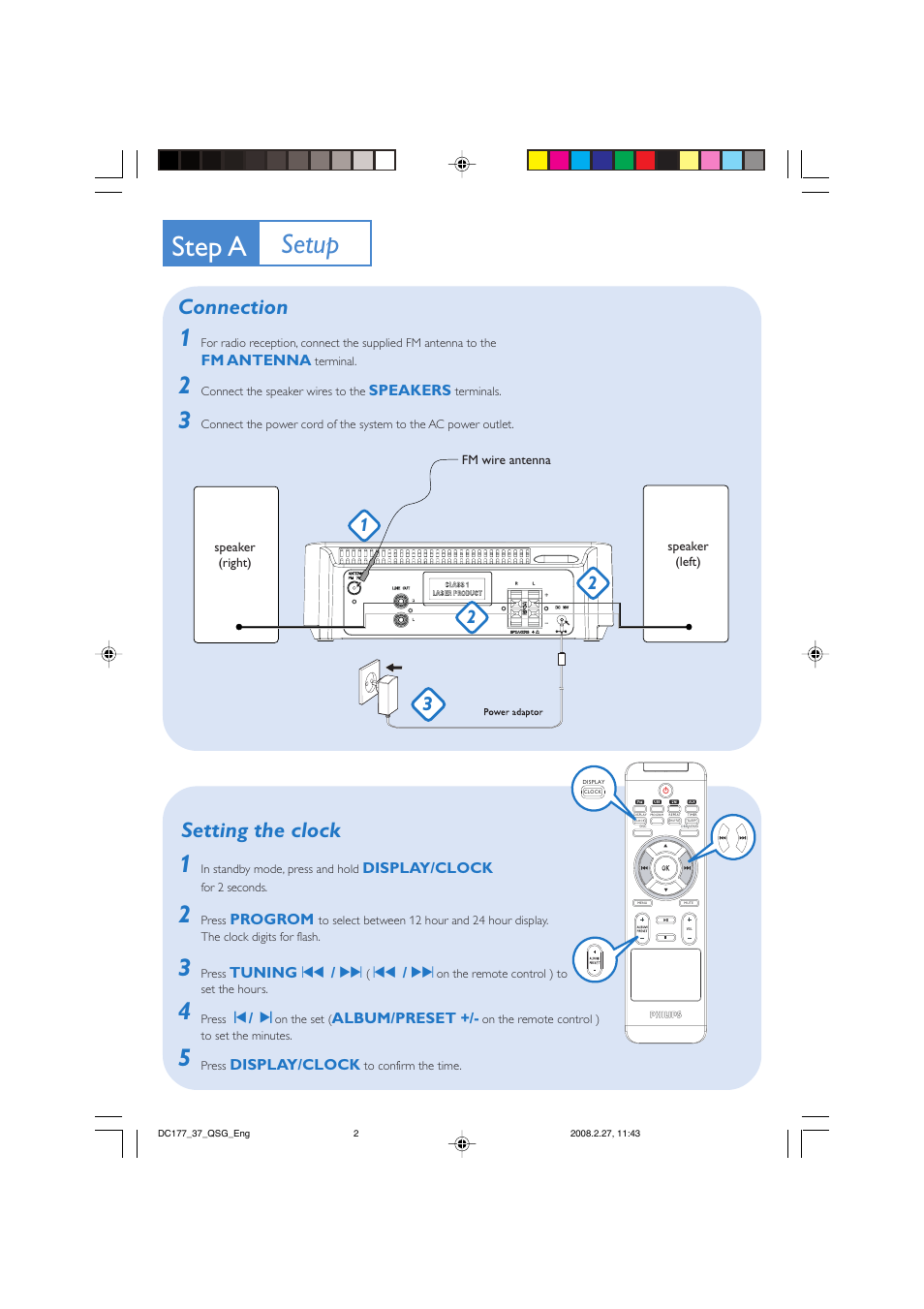 Step a, Setup, Connection | Setting the clock | Philips DC177-37B User Manual | Page 2 / 4