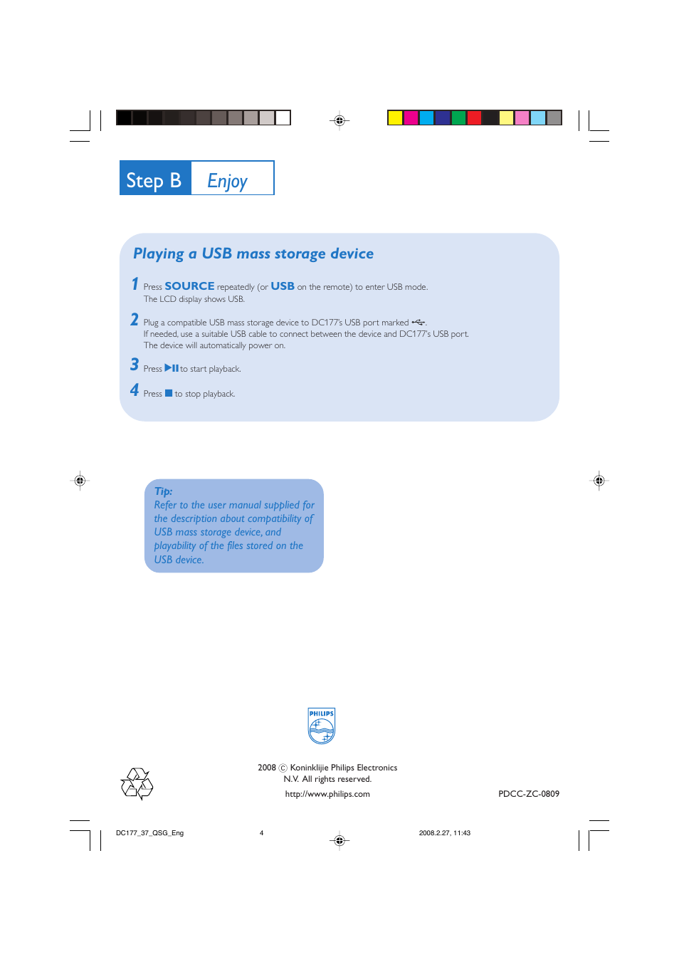 Step b, Enjoy, Playing a usb mass storage device | Philips DC177-37B User Manual | Page 4 / 4