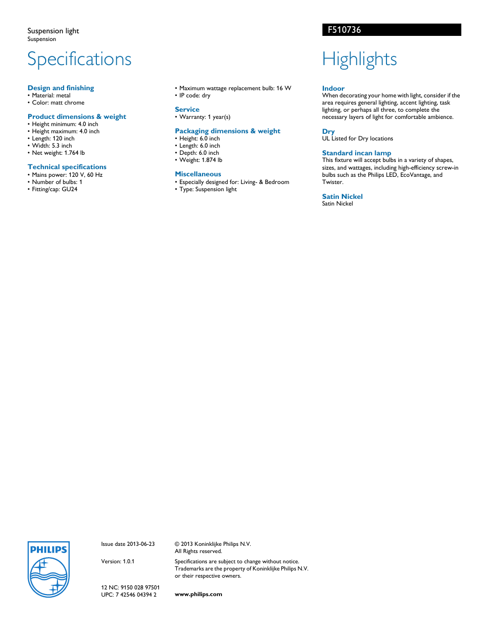 Specifications, Highlights | Philips F510736 User Manual | Page 2 / 2