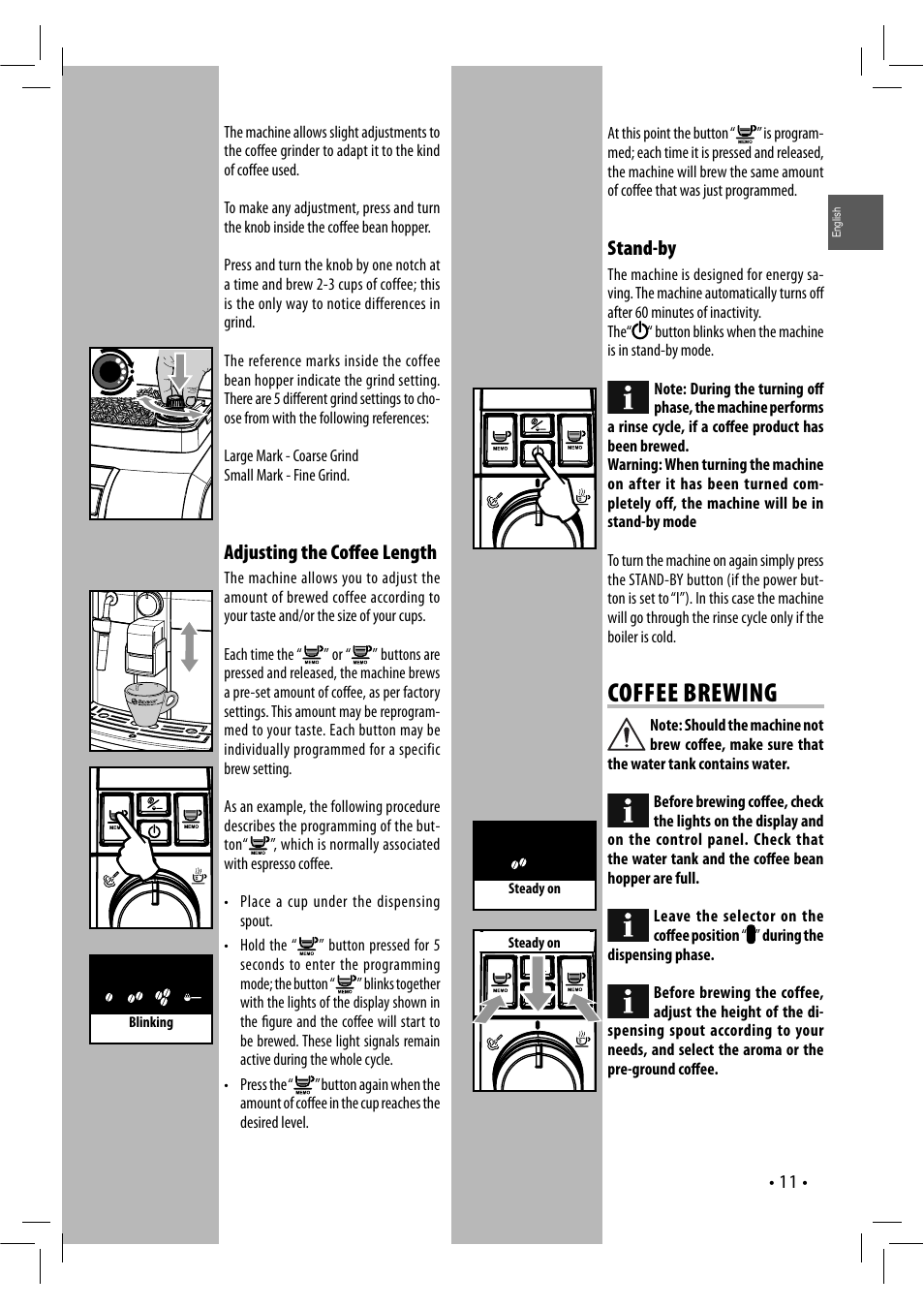 Coffee brewing, Stand-by, Adjusting the coﬀ ee length | Philips RI9833-47 User Manual | Page 11 / 24