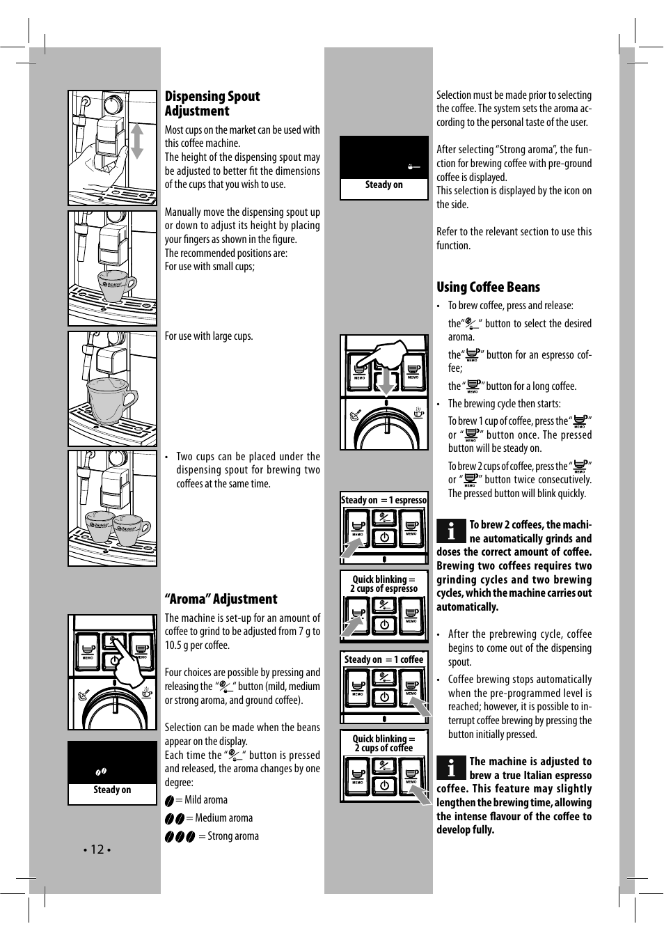 Dispensing spout adjustment, Using coﬀ ee beans, Aroma” adjustment | Philips RI9833-47 User Manual | Page 12 / 24