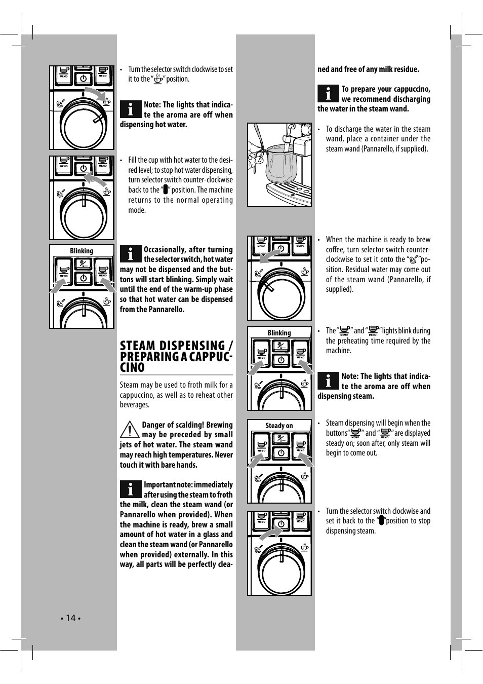 Steam dispensing / preparing a cappuc cino | Philips RI9833-47 User Manual | Page 14 / 24