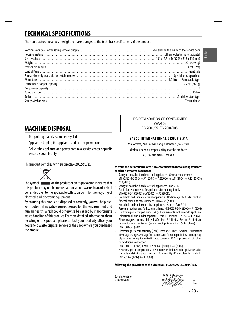 Technical specifications, Machine disposal, Sup 037r | Philips RI9833-47 User Manual | Page 23 / 24