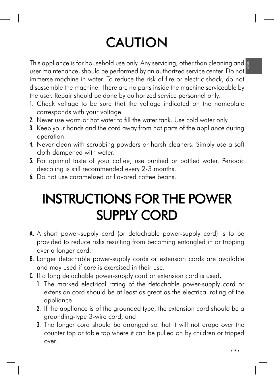 Caution, Instructions for the power supply cord | Philips RI9833-47 User Manual | Page 3 / 24