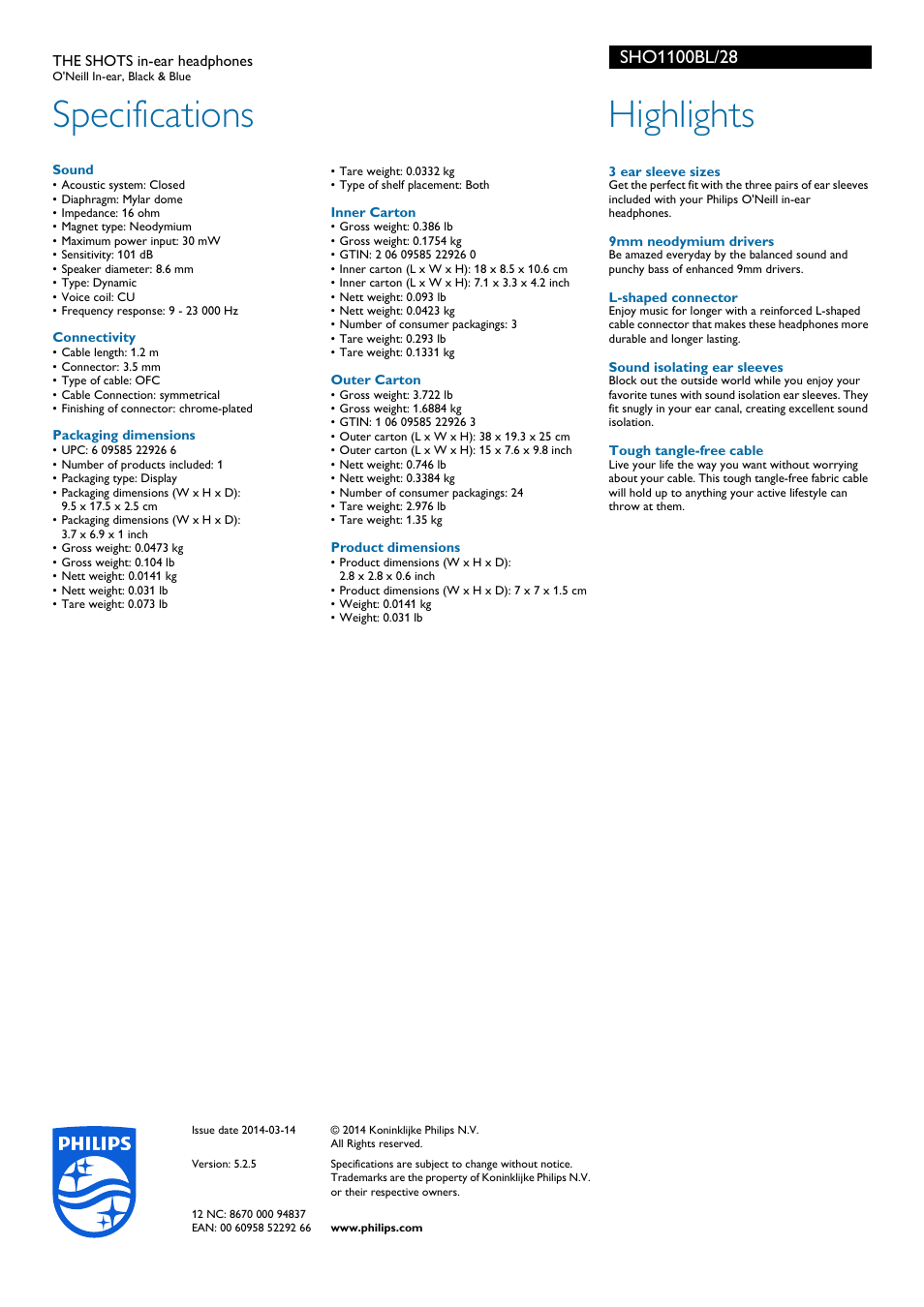 Specifications, Highlights | Philips SHO1100BL-28 User Manual | Page 2 / 2