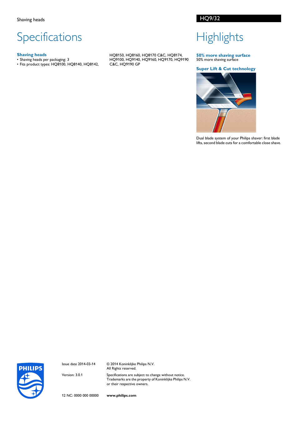 Specifications, Highlights, Hq9/32 | Philips HQ9-32 User Manual | Page 2 / 2