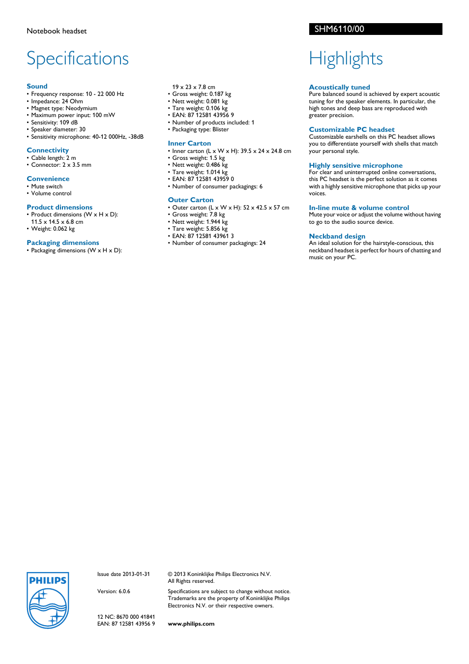 Specifications, Highlights | Philips SHM6110-00 User Manual | Page 2 / 2