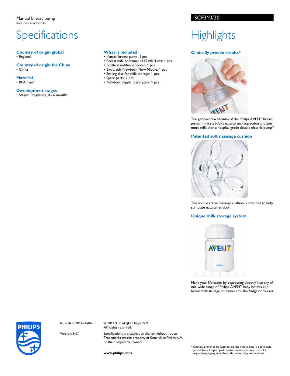 Specifications, Highlights | Philips SCF310-20 User Manual | Page 2 / 2