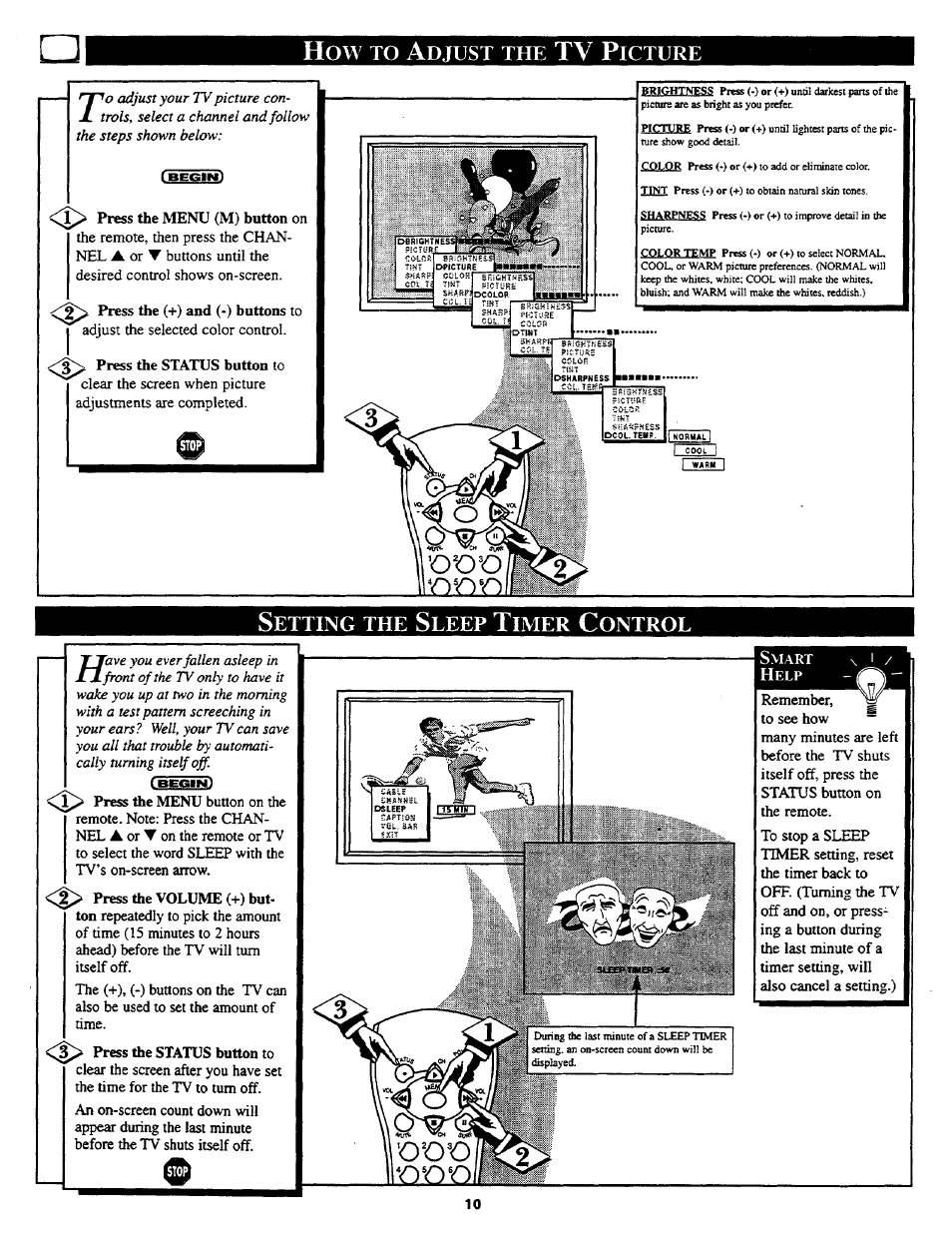 Setting the sleep timer control, Setting the tv sleep timer control, Tv p | Djust, Icture | Philips COLOR TV 27 INCH TABLE User Manual | Page 10 / 24