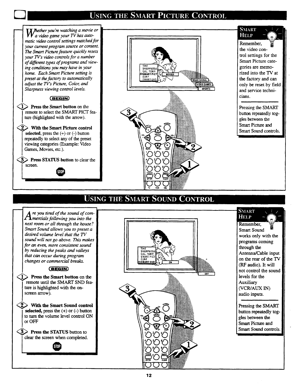 Using the smart sound control, 9 using the smart picture control, Sing | Mart, Icture, Ontrol | Philips COLOR TV 27 INCH TABLE User Manual | Page 12 / 24