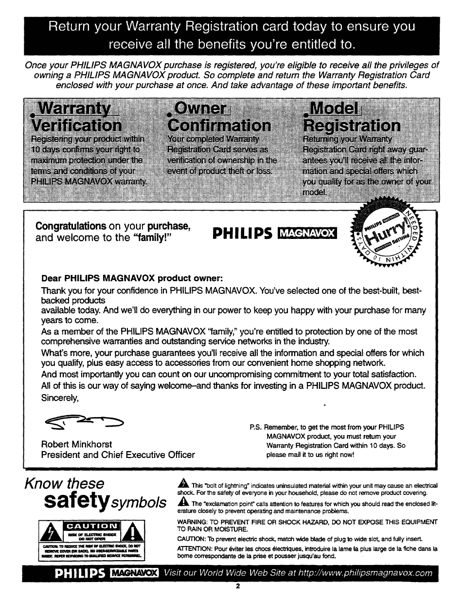 Wairanty verification, Owner i confirmation, Model i registration | Philips, Know these soibty symbols | Philips COLOR TV 27 INCH TABLE User Manual | Page 2 / 24