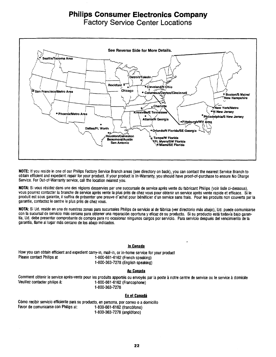 Philips consumer electronics company, Factory service center locations | Philips COLOR TV 27 INCH TABLE User Manual | Page 22 / 24