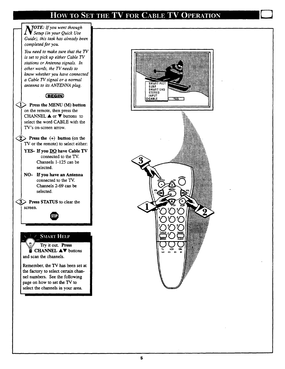 How to set the tv for cable tv operation, Setting the tv for cable tv operation | Philips COLOR TV 27 INCH TABLE User Manual | Page 5 / 24