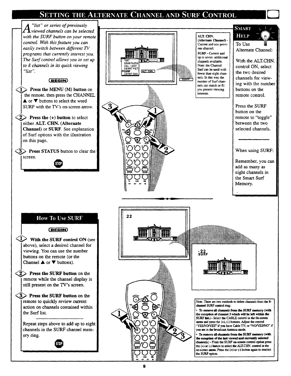 Setting the alternate channel and surf control, Setting the alternate channel/surf control | Philips COLOR TV 27 INCH TABLE User Manual | Page 9 / 24