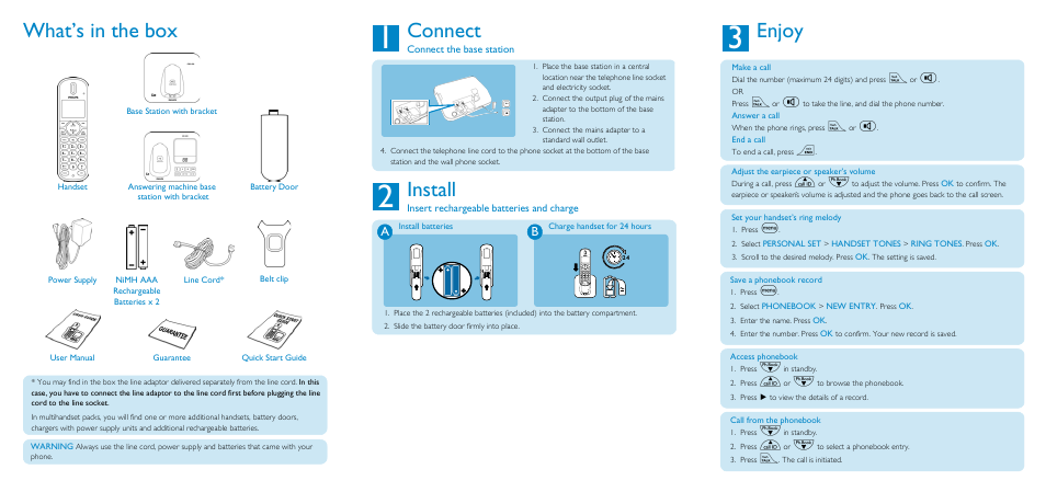 1 connect, 2 install, A install batteries | B charge handset for 24 hours, Enjoy, What’s in the box, Connect, Install | Philips CD4552B-17 User Manual | Page 3 / 6