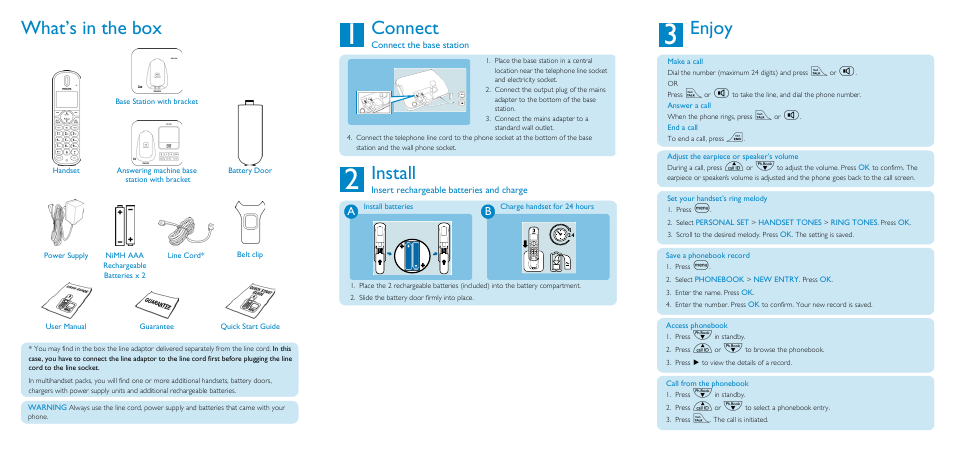 3 enjoy, Make a call, Answer a call | End a call, Adjust the earpiece or speaker’s volume, Set your handset’s ring melody, Save a phonebook record, Access phonebook, Call from the phonebook, Enjoy | Philips CD4552B-17 User Manual | Page 4 / 6